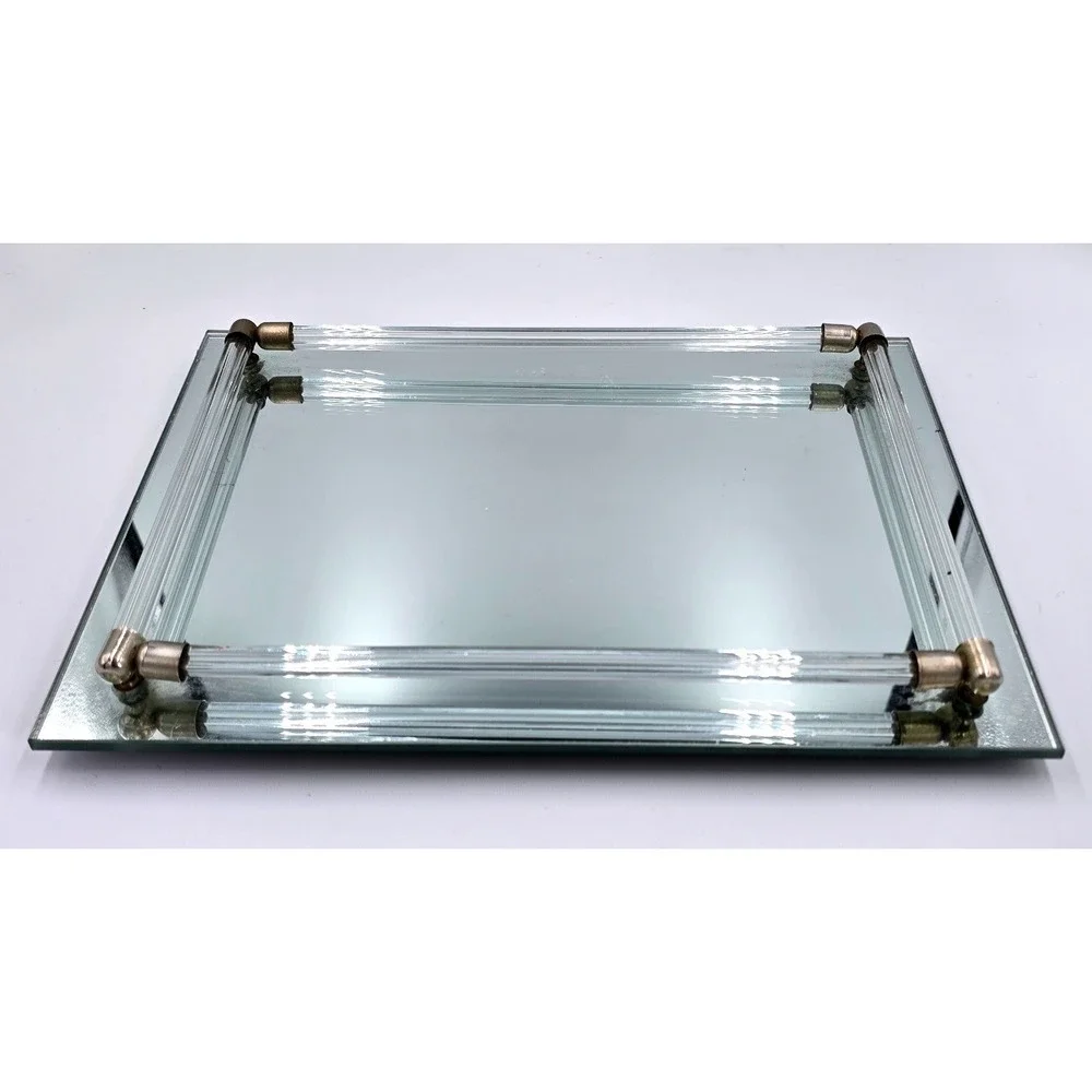 Vintage Hollywood Regency Mirrored Vanity Rectangular Lucite Rod Handles Brass
